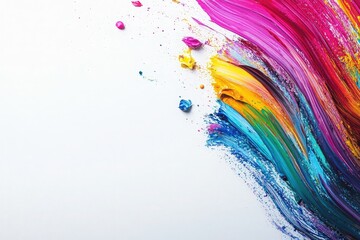 Colorful paint streaks meander across a pristine white surface, blending various hues and textures in a striking abstract composition that sparks creativity and evokes emotions.