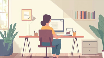 Student following online courses on her computer at home flat vector Silhouettes design
