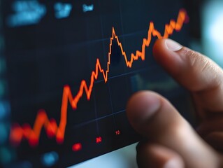 Close-up of a hand touching a digital screen displaying a fluctuating stock market chart with vibrant orange lines.