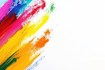 Bright streaks of paint in various colors splash diagonally across a clean, white surface, showcasing creativity and artistic expression. The contrast enhances the vibrancy of the colors.