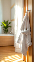 A serene morning in a bright and cozy bathroom with a white towel and green plant accent