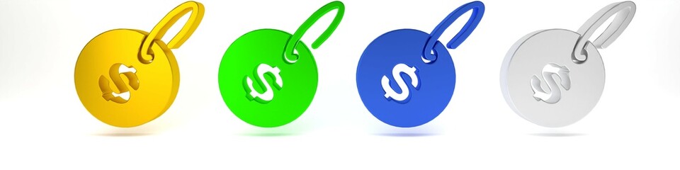 Fototapeta premium Colorful Price tag with dollar icon isolated on white background. Badge for price. Sale with dollar symbol. Promo tag discount. Minimalism concept. 3D render illustration