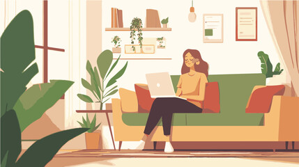 Student following online courses on her computer at home flat vector Silhouettes design