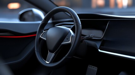 Modern Car Interior with Futuristic Steering Wheel, Luxury Vehicle Design, Generated AI