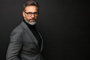 Fototapeta premium A consultant with a well-groomed beard and glasses poses against a solid black backdrop, showcasing a professional look in a tailored suit.