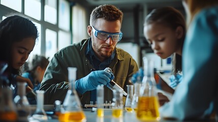 A Science Teacher and Students Conduct a Chemistry Experiment in a Classroom