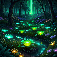 A lush forest path lined with glowing green flowers leads towards a magical stream, illuminated by a beam of light from above. The forest is teeming with vibrant greenery and delicate blooms.