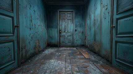 Obraz premium Close dirty door in house. Abandoned home in horror environment