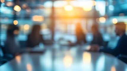Blurred silhouettes of people in a brightly lit office setting