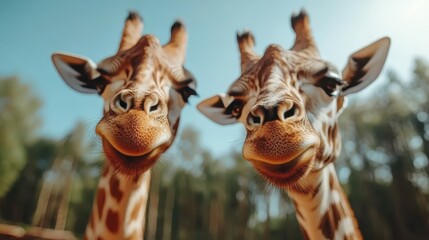 Two giraffes stand side by side, appearing to wear delightful smiles as they bask in the morning sunlight, bringing a sense of joy, playfulness, and nature's friendliness.