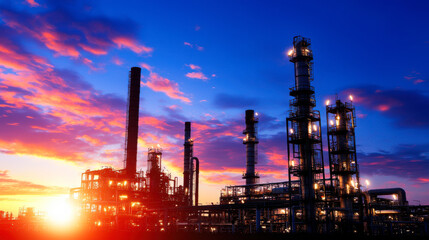 image showcases vibrant industrial scene at sunset, highlighting silhouettes of large refinery structures against colorful sky. warm hues of orange and purple create dramatic backdrop, emphasizing