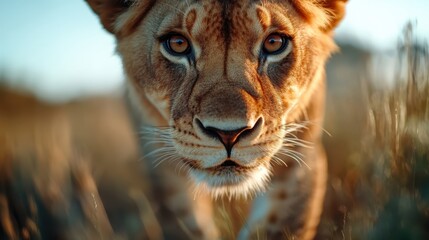 Fototapeta premium A lioness peers closely with an intense and curious gaze amidst tall savannah grasses, capturing the essence of alertness and focus in her natural habitat.
