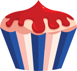 Cartoon style illustration of a delicious cupcake with red frosting dripping down, evoking sweetness and indulgence