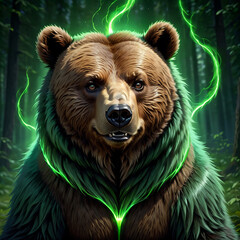 Fototapeta premium A closeup portrait of a brown bear in a lush green forest. The bear has a glowing green energy aura around its neck and head, giving it a mystical appearance.