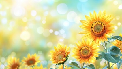 Obraz premium Sunlit sunflower field banner, blurred yellow flowers background, warm spring and summer day