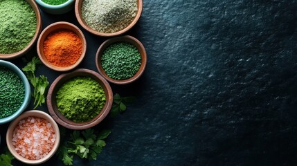 A styled assortment of herbs and spices in bowls contrasts against a dark background, offering a visually stunning representation of culinary diversity and creativity.