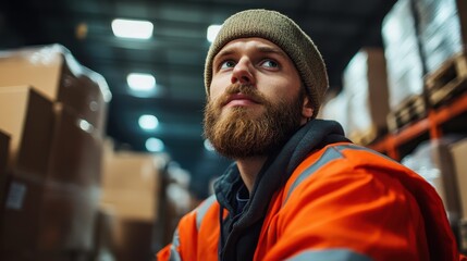 A bearded worker, clad in high-visibility orange safety gear, sits pensively in a bustling warehouse facility, surrounded by parcels and packages.