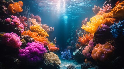 Fototapeta premium Vibrant Coral Reef with Iridescent Squid