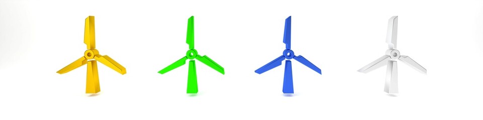 Colorful Wind turbine icon isolated on white background. Wind generator sign. Windmill silhouette. Windmill for electric power production. Minimalism concept. 3D render illustration