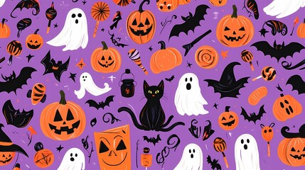 Fototapeta premium Colorful Halloween-themed pattern with ghosts, pumpkins, and bats on a purple background.