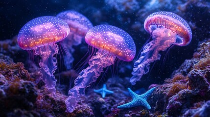 Bright Neon Jellyfish with Blue Starfish Underwater