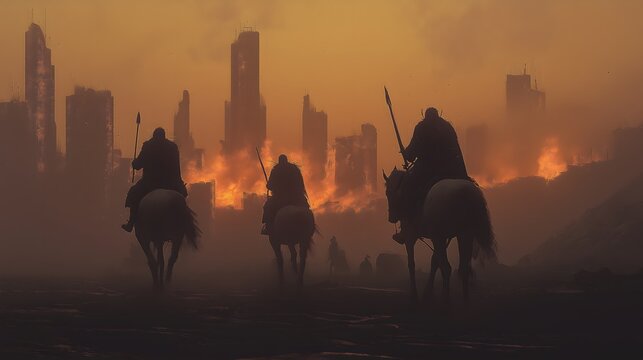 Dramatic Depiction of a Chaotic Apocalyptic Battlefield Featuring the Four Horsemen of the Apocalypse, Symbolizing Divine Judgment and the End Times of Christianity and Biblical Prophecy