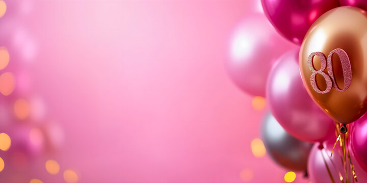 pink background with balloons for 80 birthday / anniversary festive celebration; plenty empty copy space