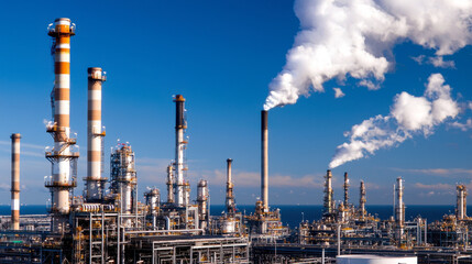 Obraz premium Industrial landscape featuring large oil refinery with tall smokestacks emitting white smoke against clear blue sky. scene highlights environmental impact of industrial activities