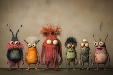 A mugshot of colorful junkie alien monsters on a plain background
