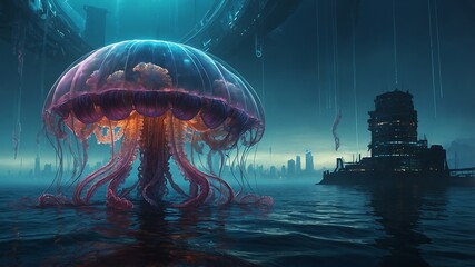 Blue light and energy in space with underwater smoke and x-ray jellyfish design