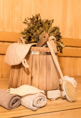 Inside view of traditional sauna with some equipment