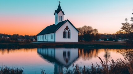 Obraz premium ranquil Modern Minimalist Church with Expansive Glass Windows Overlooking a Serene Lakeside Setting, Blending Natural Light and Scenic Reflections in a Contemporary Architectural Design