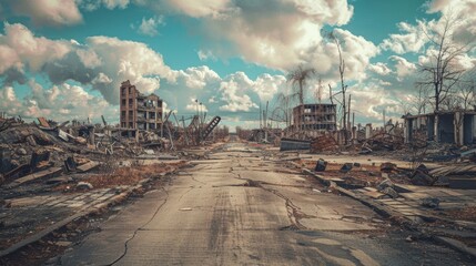 Post-Apocalyptic Cityscape: Ruined Buildings and Ash-Filled Skies