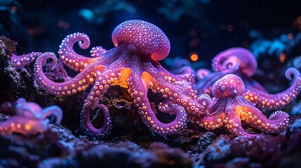 Fototapeta premium Vibrant Octopuses in Neon Pink and Purple Underwater Scene