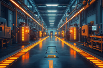 Modern indoor factory perspective symmetrical corridor