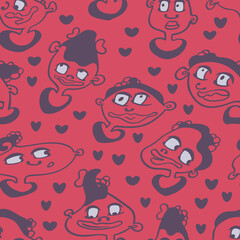 Seamless background with funny faces of anthropomorphic creatures. Humorous characters with different emotion