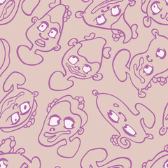 Seamless background with funny faces of anthropomorphic creatures. Humorous characters with different emotion