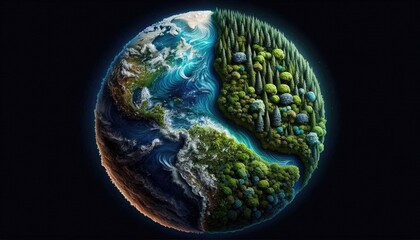 Planet Earth Divided: One Half Lush and Vibrant with Nature, the Other Overwhelmed by Plastic Waste, Highlighting the Contrast Between Environmental Preservation and Pollution