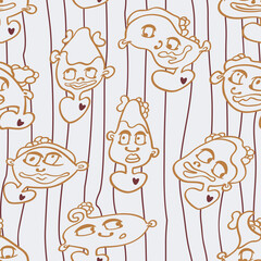Seamless background with funny faces of anthropomorphic creatures. Humorous characters with different emotion
