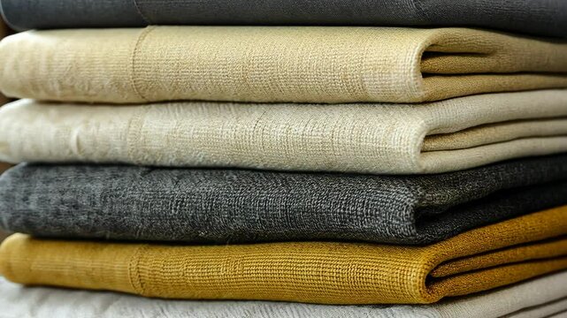 A stack of folded linen fabric in various colors