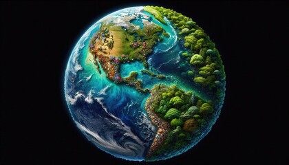 Planet Earth Divided: One Half Lush and Vibrant with Nature, the Other Overwhelmed by Plastic Waste, Highlighting the Contrast Between Environmental Preservation and Pollution