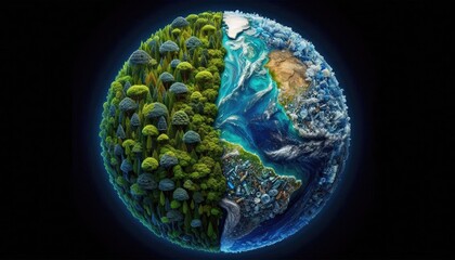 Planet Earth Divided: One Half Lush and Vibrant with Nature, the Other Overwhelmed by Plastic...