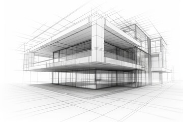 Architectural Line Drawing of a Modern House with Balcony
