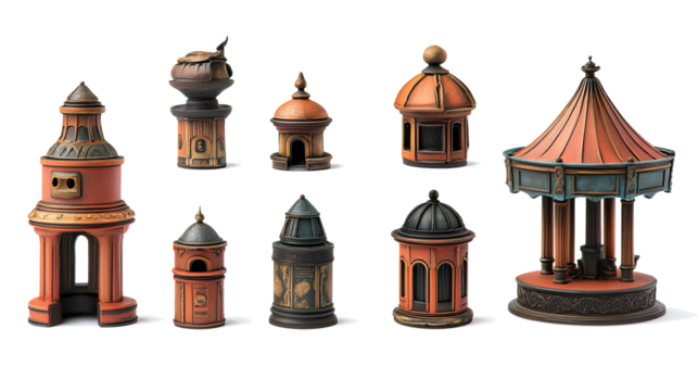 Colorful Miniature Decorative Structures on Clear Background Generative AI