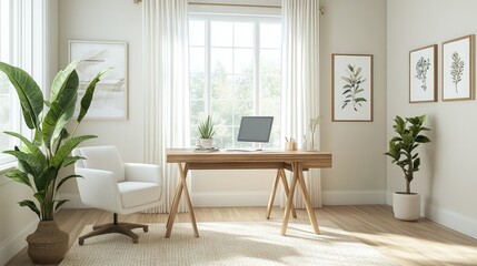 Fototapeta premium Modern home office featuring a natural wood desk, simple accessories, and a potted plant. A bright, airy space for working in comfort and style.