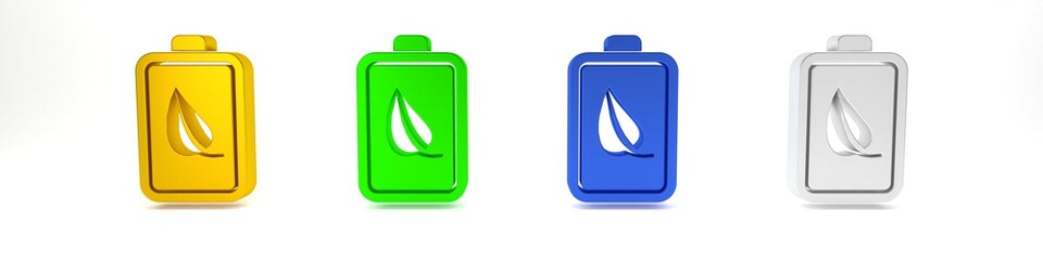 Colorful Eco nature leaf and battery icon isolated on white background. Energy based on ecology saving concept. Minimalism concept. 3D render illustration