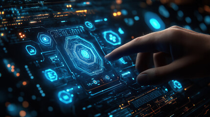 Obraz premium Businessman using forefinger to activate Smart Devices controls on virtual panels, connected devices concept, biometric security