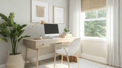 Modern home office featuring a natural wood desk, simple accessories, and a potted plant. A bright, airy space for working in comfort and style.