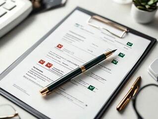 A clipboard with a checklist and a pen on a desk.