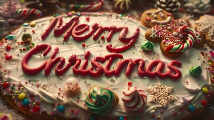 "Merry Christmas" written in icing on a giant gingerbread cookie, with festive sprinkles and candy decorations